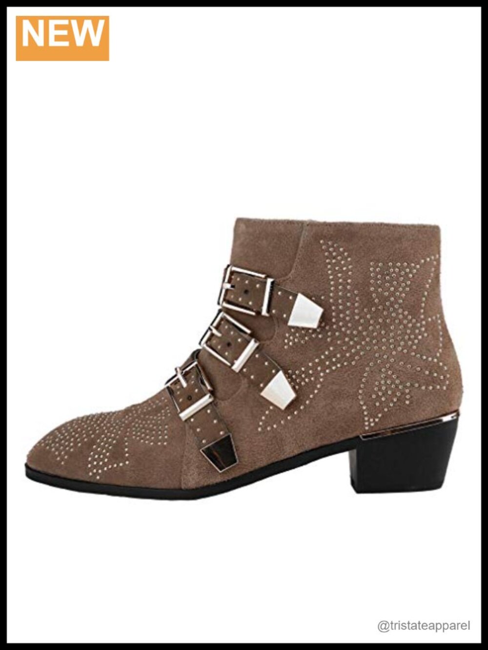 Studded Leather Ankle Boots Multiple Buckle Chunky Heel Booties